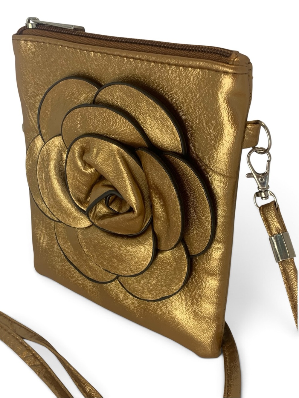 Metallic Gold 3D Rose Crossbody Bag